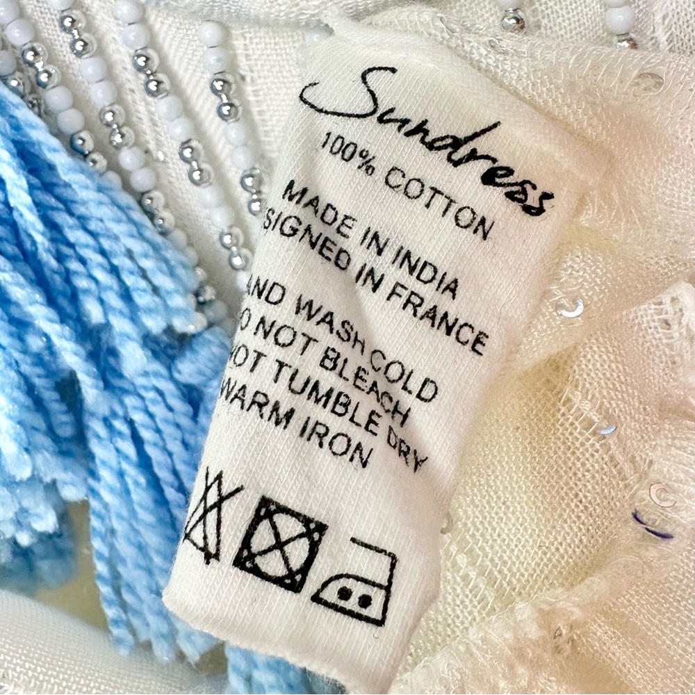 Sundress Indiana White Sequin Turquoise Beaded Tassels Swim Cover-Up Mini Dress - Picture 6 of 9